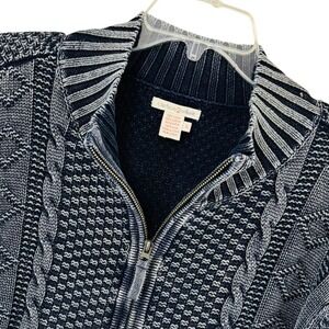 Carbon 2 Cobalt Mens Linen Blend Full Zip Cable Knit Sweater Navy Blue Large